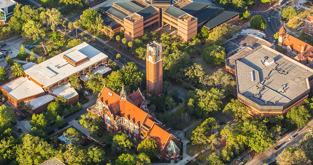 Aerial view of University of Florida campus in Gainesville, Florida